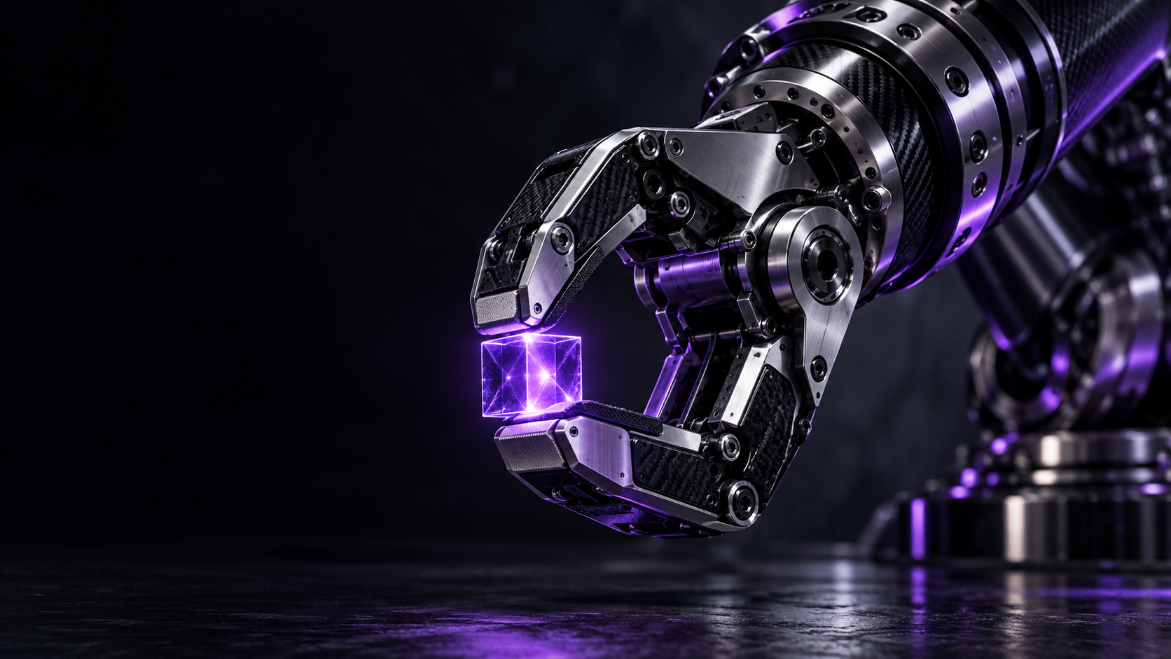 Visualizzazione concettuale di una pinza robotica con illuminazione viola